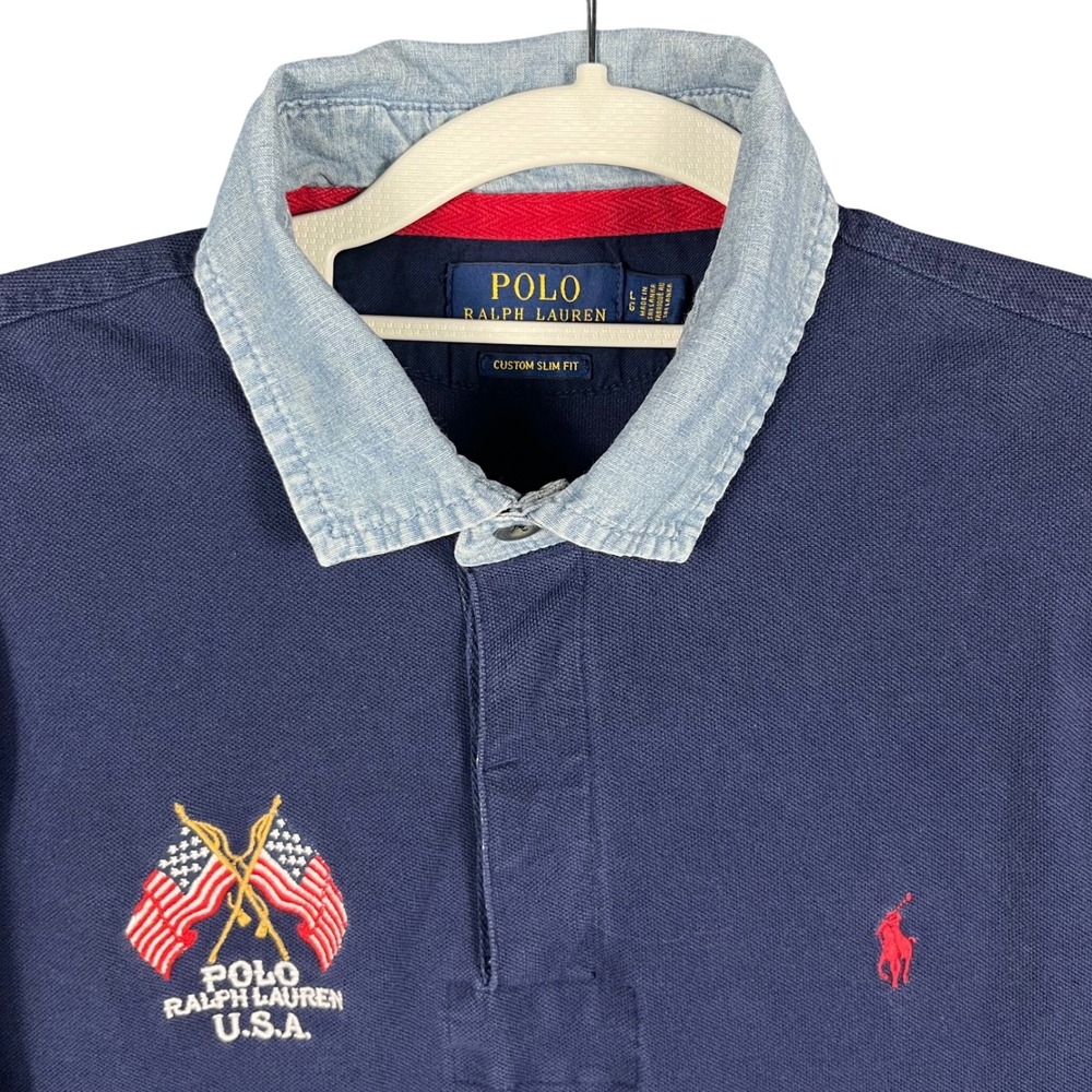 Polo Ralph Lauren Polo Shirt Men Large Navy Blue Denim Collar USA Flag Crest
